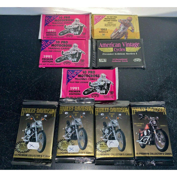 (9)-Vintage Unopened Wax Packs Cards-Lot Motorcycle Racing Motocross Harley
