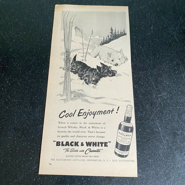 Black & White Scotch Whisky 1956 Skiing Dogs Vintage Magazine Print Ad
