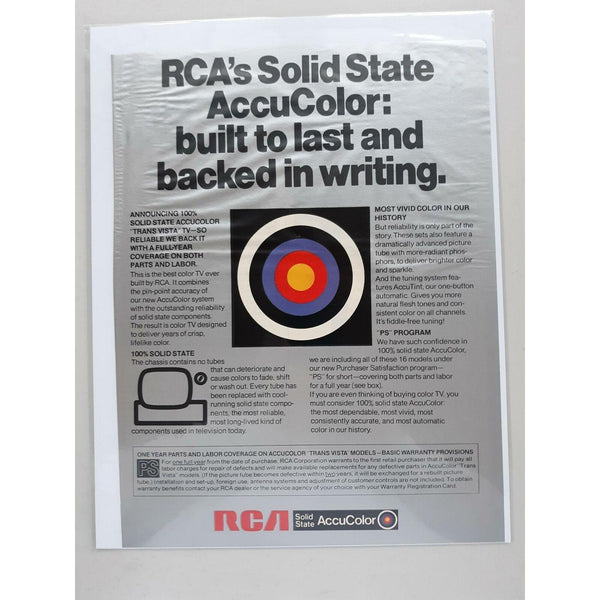 1970 RCA AccuColor Trans Vista TV Bullseye Solid State Vtg Magazine Print Ad