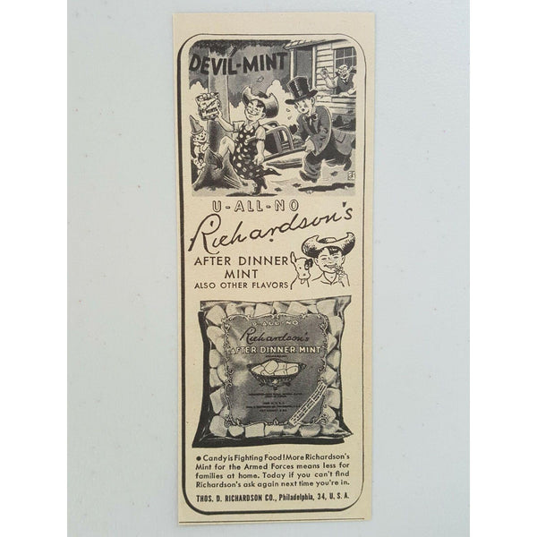 1944 Richardson's After Dinner Mints Candy Cartoon Vintage Magazine Print Ad