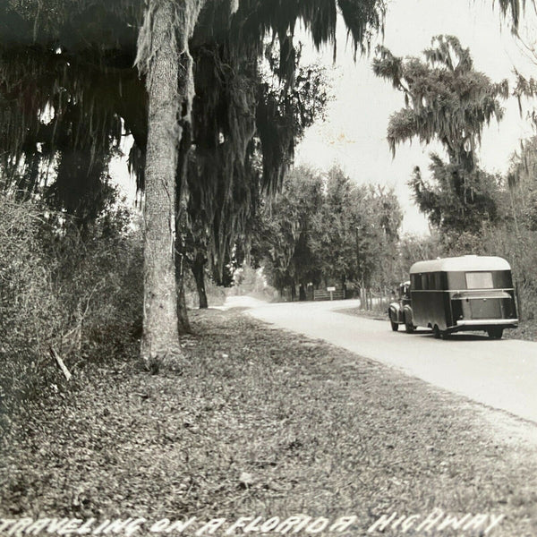 Traveling on a Florida Highway RPPC Postcard 1947 Vintage Trailer RV Car